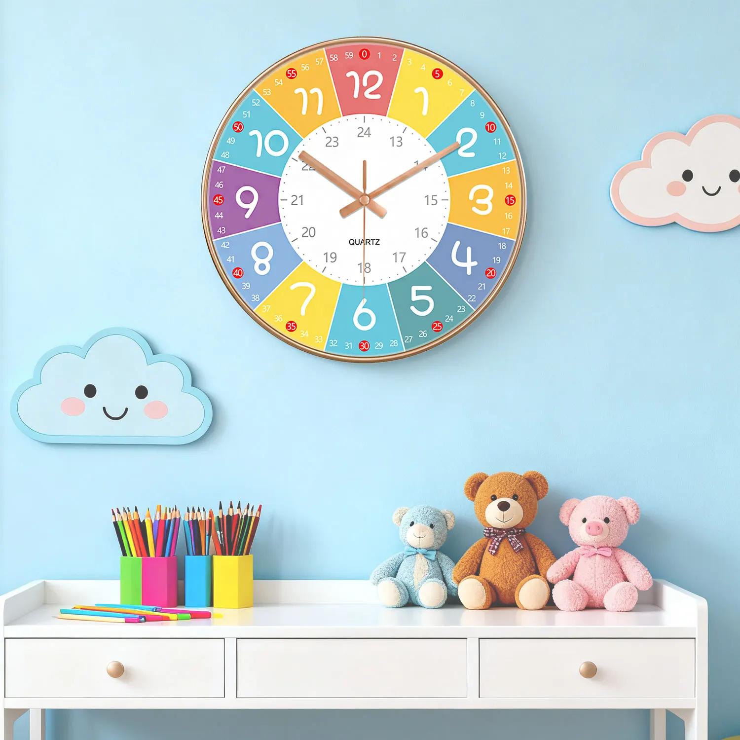 8-Zoll-Quarz-Wanduhr für die frühe Bildung, Wohnzimmer, Kinderzimmer, nicht tickende, geräuschlose Analoguhr, Zeitlehr-Wanduhr