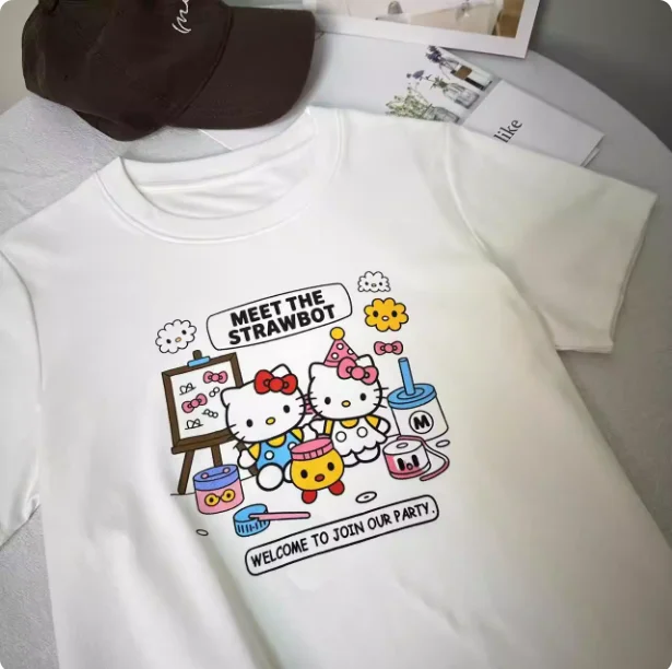 Sanrio 2026 Sommer-Comic-Form Hello Kitty Motiv 100% Baumwolle Bedrucktes Freizeit-T-Shirt für Erwachsene und Kinder Eltern-Kind-Oberteil Freizeitkleidung