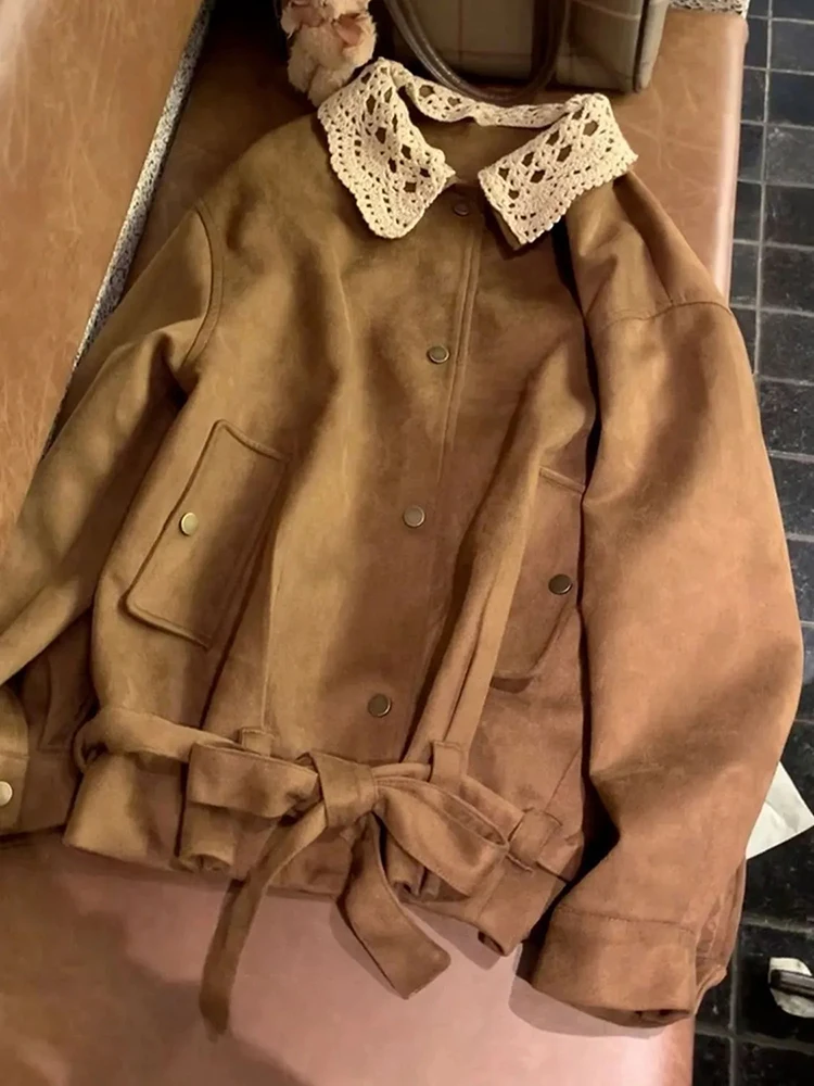 Frauen Koreanische Vintage Jacke Herbst Patchwork Verband Streetwear Casual Mäntel Y2K Hottie Lose Lange Hülse Taste Braun Outwear