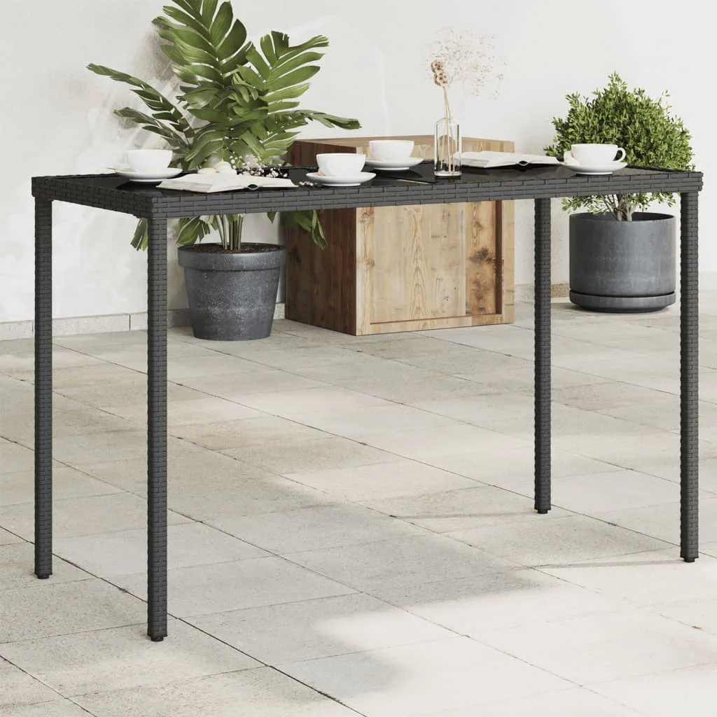 Gartentisch mit schwarzer Glasplatte, 115x54x74cm, aus geflochtenem Kunstharz. Moderner Gartentisch aus Holz für Terrasse und Hof (nur Tisch)