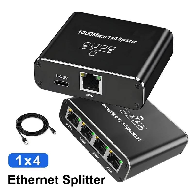 1-zu-4-Gigabit-Ethernet-Splitter mit 1000 Mbit/s, Aluminiumgehäuse, Anzeigeleuchten und USB-C-Stromversorgung für Laptop, Desktop und Zuhause Image