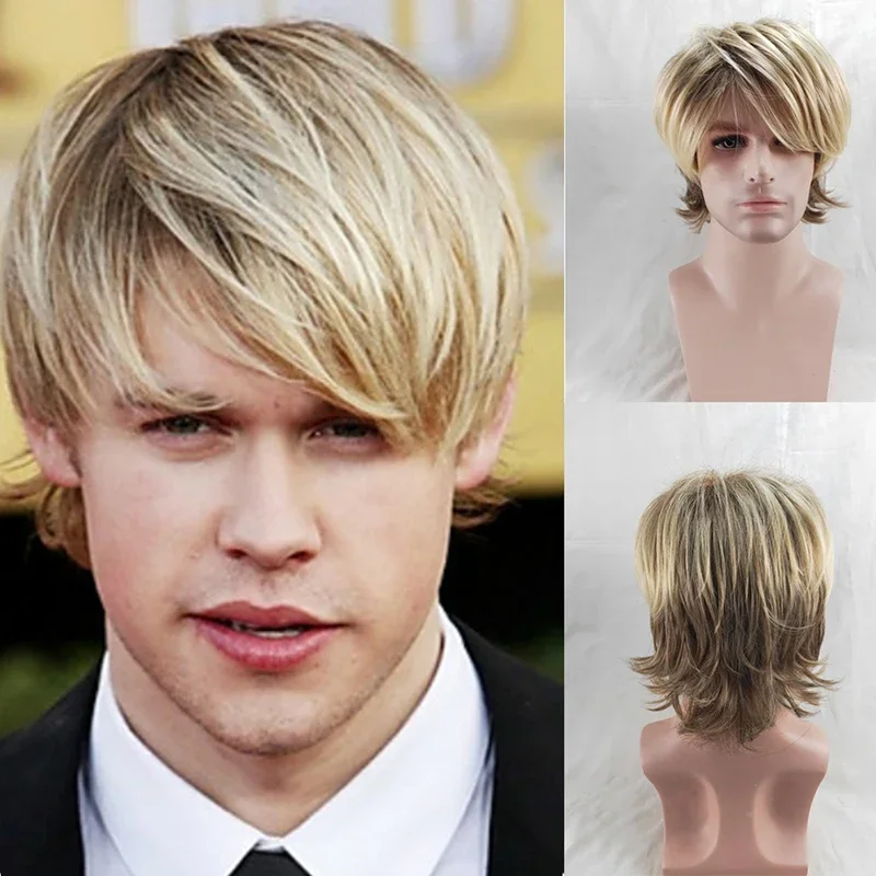 HAIRJOY ​​Kurze lockige Herrenperücke aus Kunsthaar, hitzebeständige Faser mit Pony, braun-blonde Mischfarben-Perücken für Männer Image