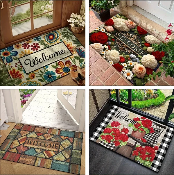 Willkommens-Fußmatte mit Lebhaftem Blumenmuster, Rutschfester Teppich für Innen- und Außenbereiche mit Hoher Durchgangsrate, Perfekt für Valentinstag und Frühling Image