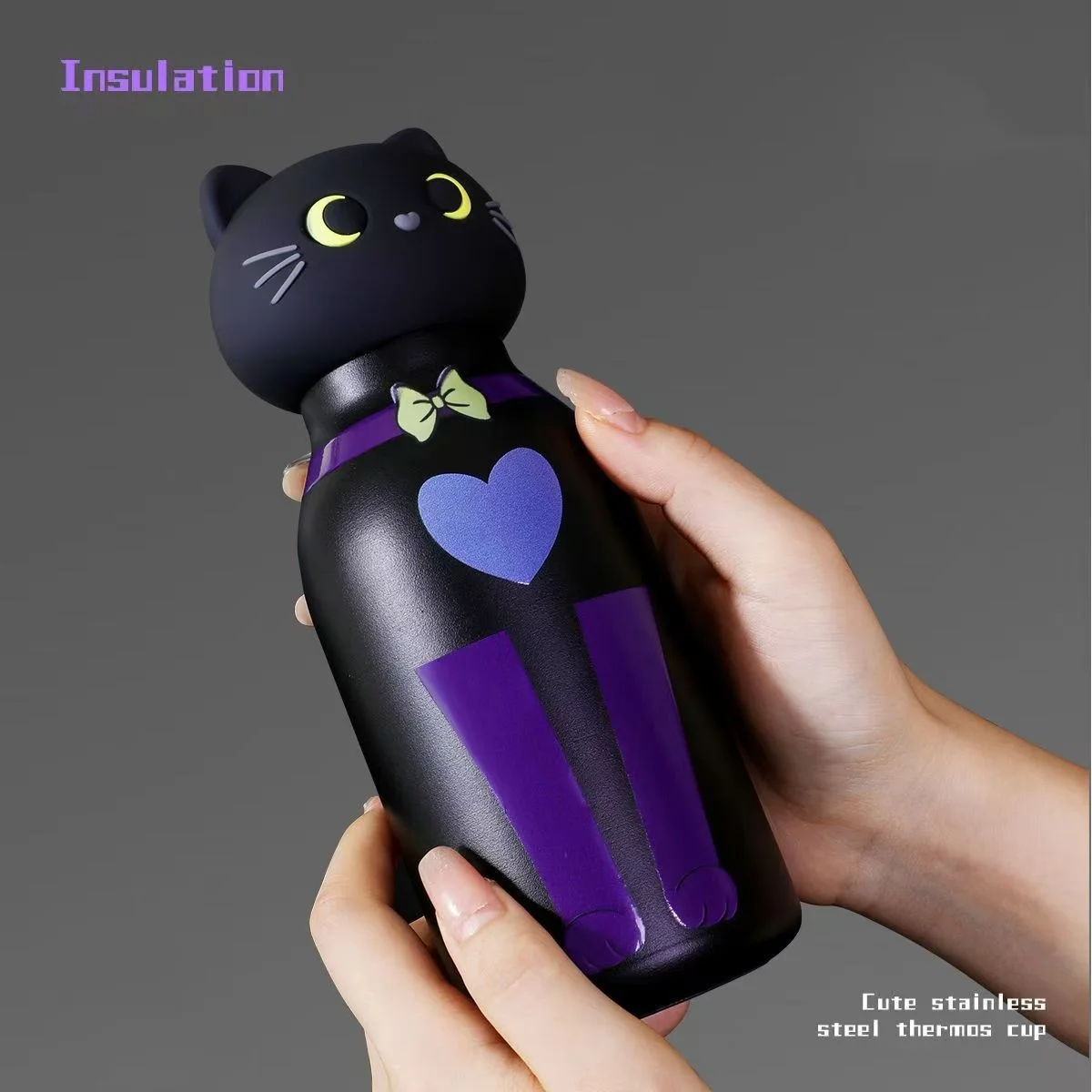 Isolierte Vakuum-Wasserflasche in Cartoon-Schwarze Katze für Kinder, niedliche Thermosflasche, Becher, hält das Getränk heiß und kalt Image