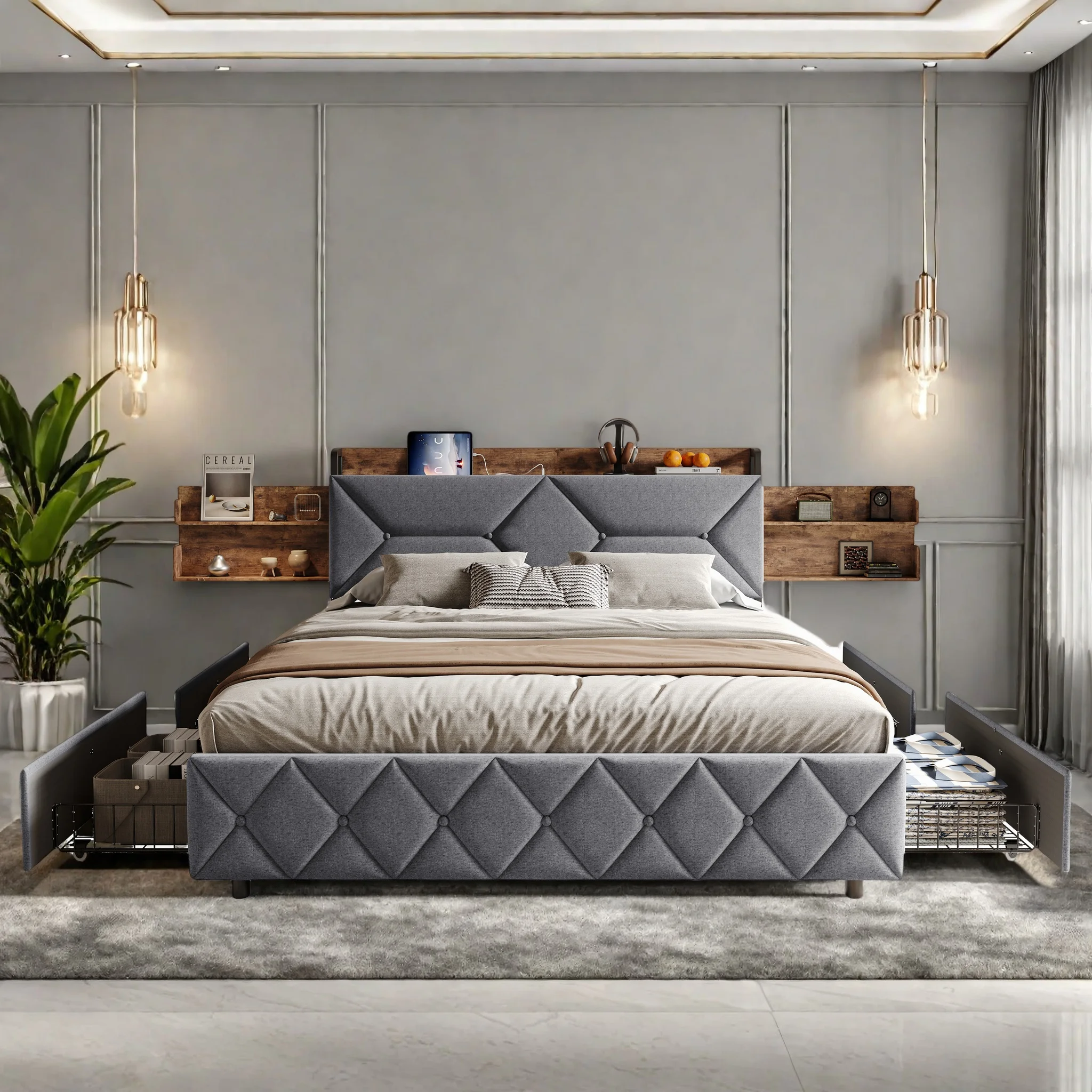 Anajqaqia Ergonomisches Bett mit verstellbarer Rückenlehne aus Stahl und Holz mit ausziehbarem Stauraum am Kopfteil 140x200 cm / 160x200 cm Image