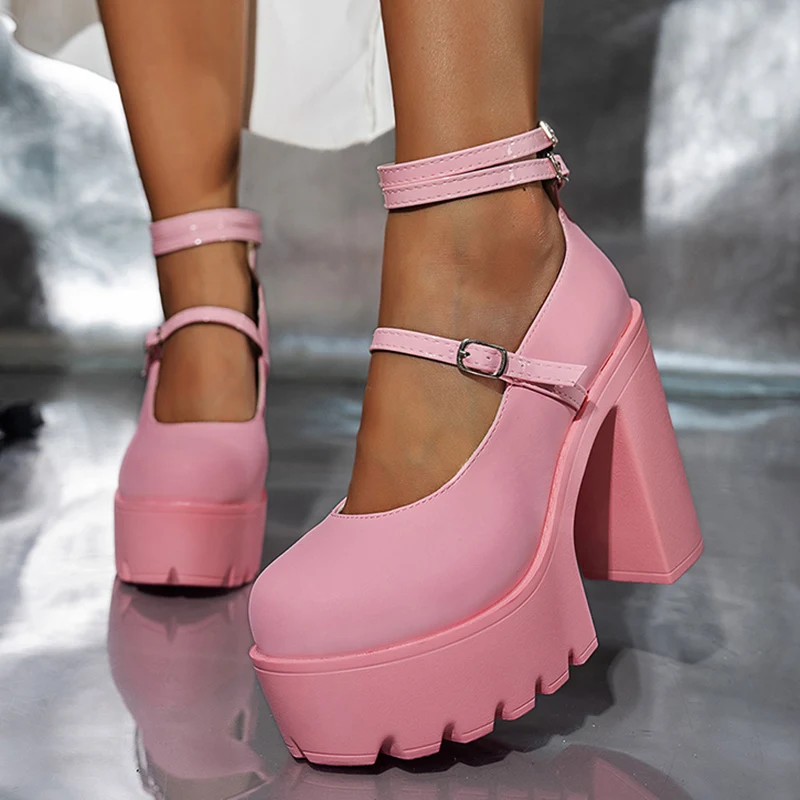 Y2k Rosa Chunky Plateau Mary Jane Lolita Schuhe Damen Punk Knöchelriemen High Heel Pumps Übergröße 43 Gothic Cosplay Schuhe