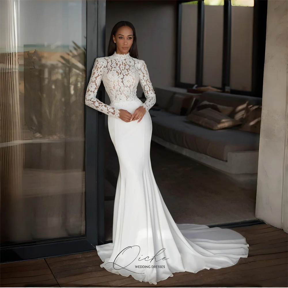 QICHE Elegante Spitze Lange Ärmel Meerjungfrau Meerjungfrau Brautkleider Hoher Kragen Open Back Brautkleid Vestidos De Novia Angepasst Image
