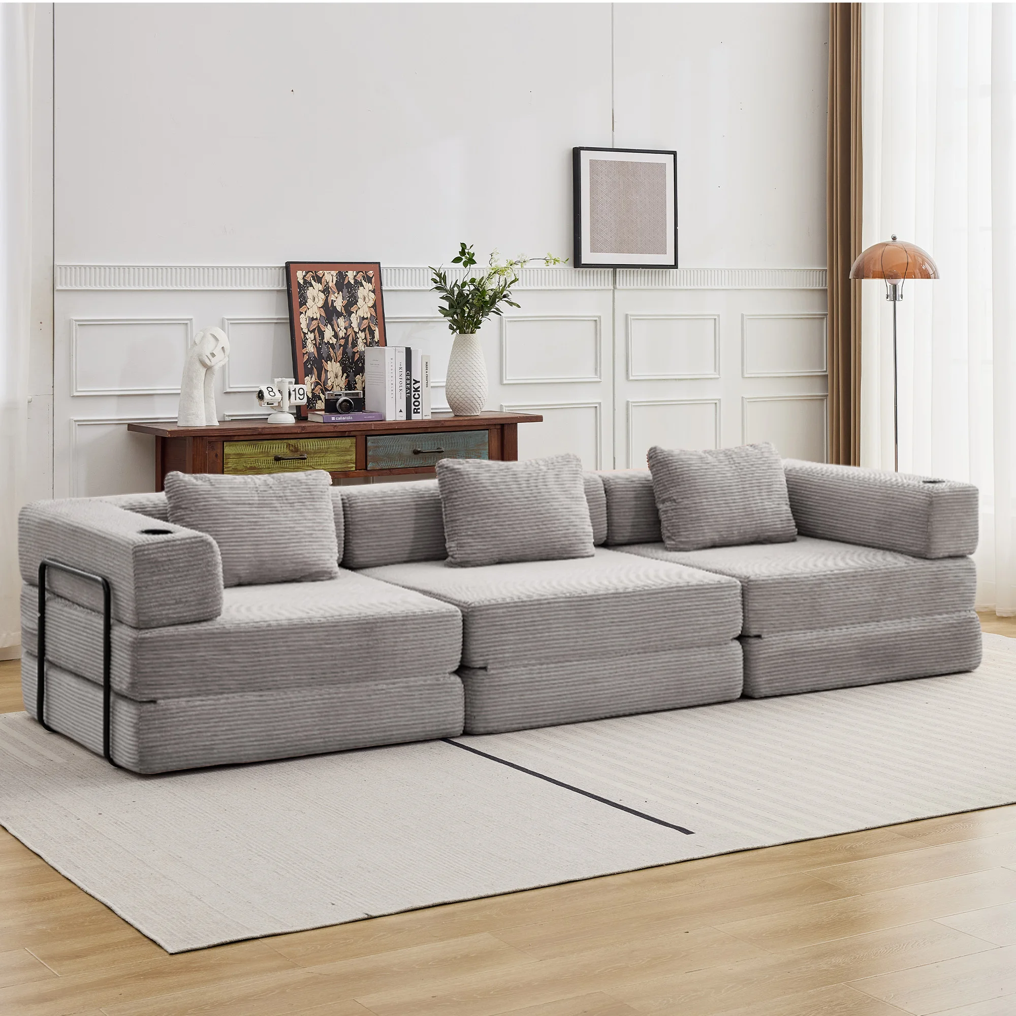 3-Sitzer Schlafsofa, Keine Montage Erforderlich, Faltbare Bodencouch, Umwandelbar in Geräumiges Bett, Mehrpersonen-Cordsofa für Wohnzimmer