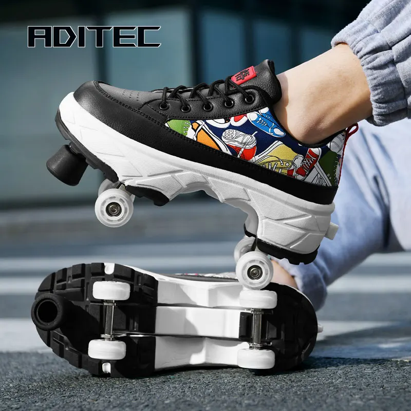 Verformung Rollschuhe Schuhe zweireihig 4-Rad Skates Rollschuhe mit Rädern Dual-Purpose Roller Sneakers Skateboard Schuhe