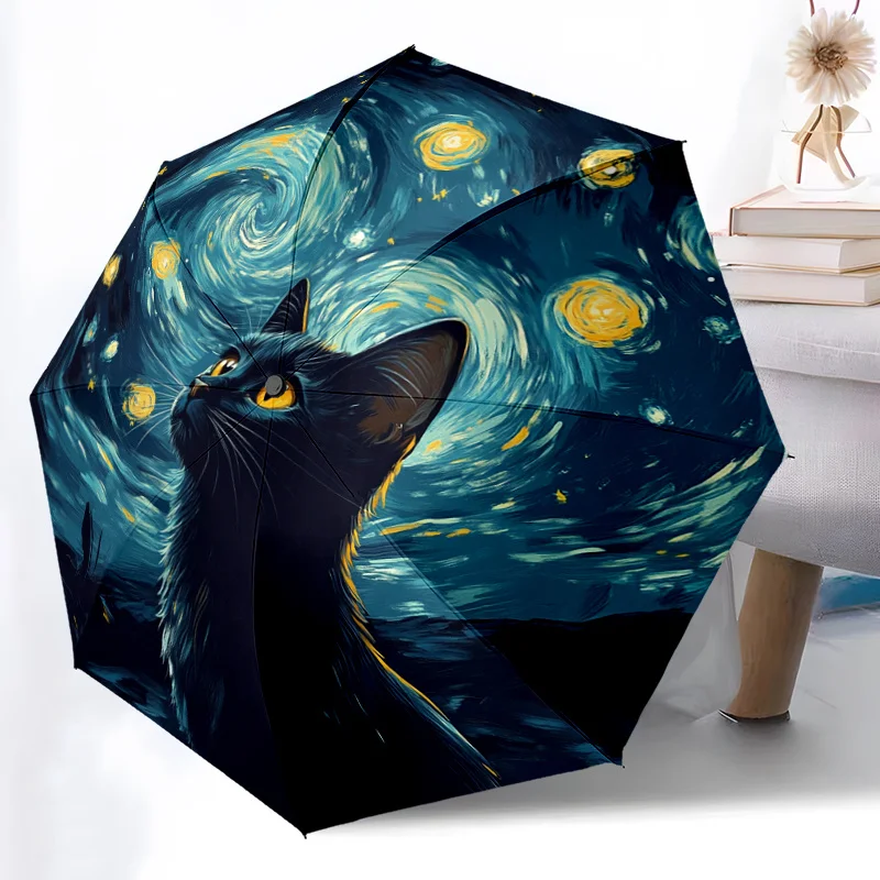 1 Stück Automatischer Regenschirm mit Sternennacht-Katzenmotiv - Von Van Gogh Inspiriertes Design mit Schwarzer Katze & Wirbelnden Sternen, Kompakt für Reisen Image