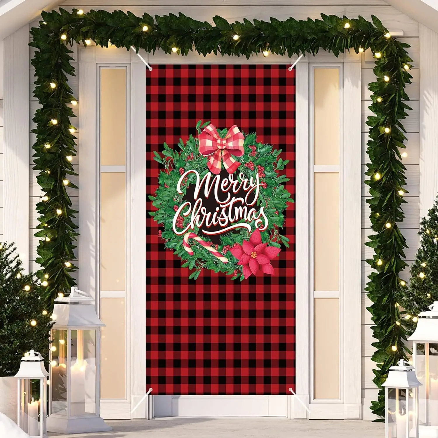 Weihnachten Willkommen Tür Abdeckung Buffalo Check Plaid Weihnachten Tür Dekorationen WEIHNACHTEN Hintergrund Hintergrund Fotografie Hängen Decorat Image