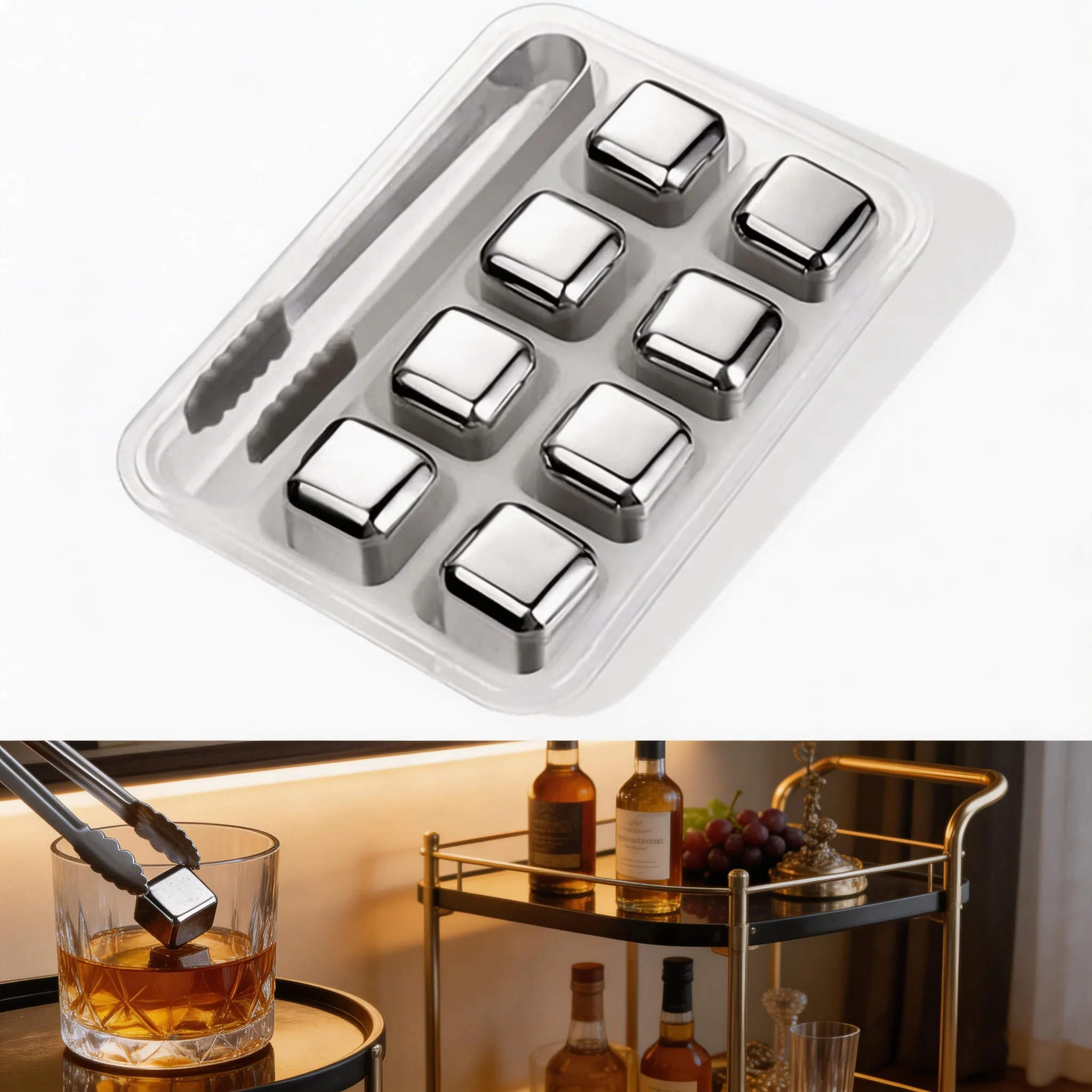 Für Whiskey, Wein, Cocktails: 4/6/8-teiliges Edelstahl-Eiswürfel-Set, Wiederverwendbare Kühlsteine, Kühlwürfel, Kühlsteine für die Bar Image