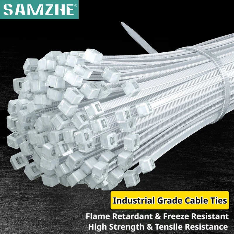 SAMZHE 100 Stück weiß/schwarze selbstsichernde Nylon-Kabelbinder für den industriellen Einsatz, 2,5 mm–4,8 mm Breite, zur Befestigung von Kabeln, Kabel-Organizer, Drahtkabel, Kabelbinder Image