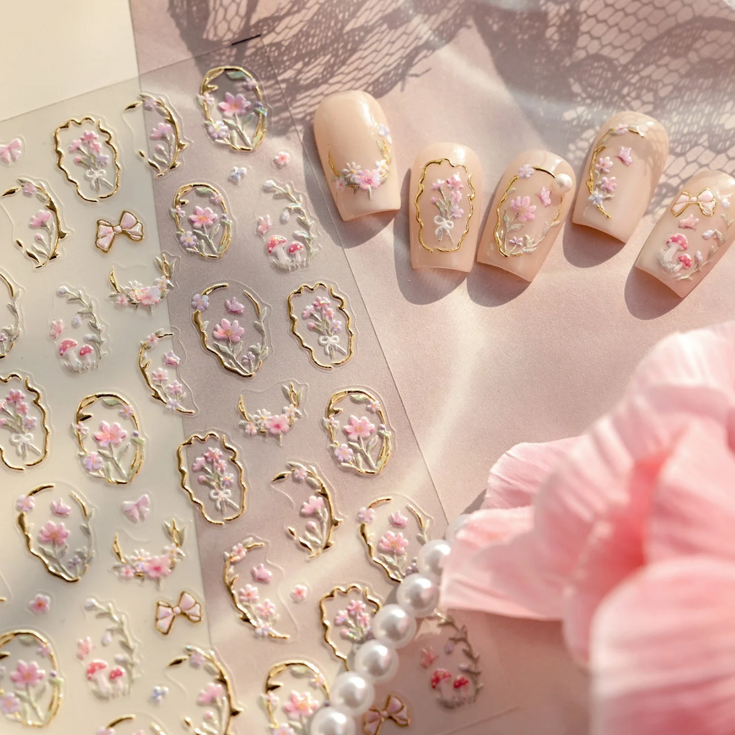 5D Geprägte Goldene Rahmen-Nagelaufkleber Retro Fenster Rosa Blumen Blätter Französischer Vintage Palast-Stil Selbstklebende Maniküre-Dekorationen Image