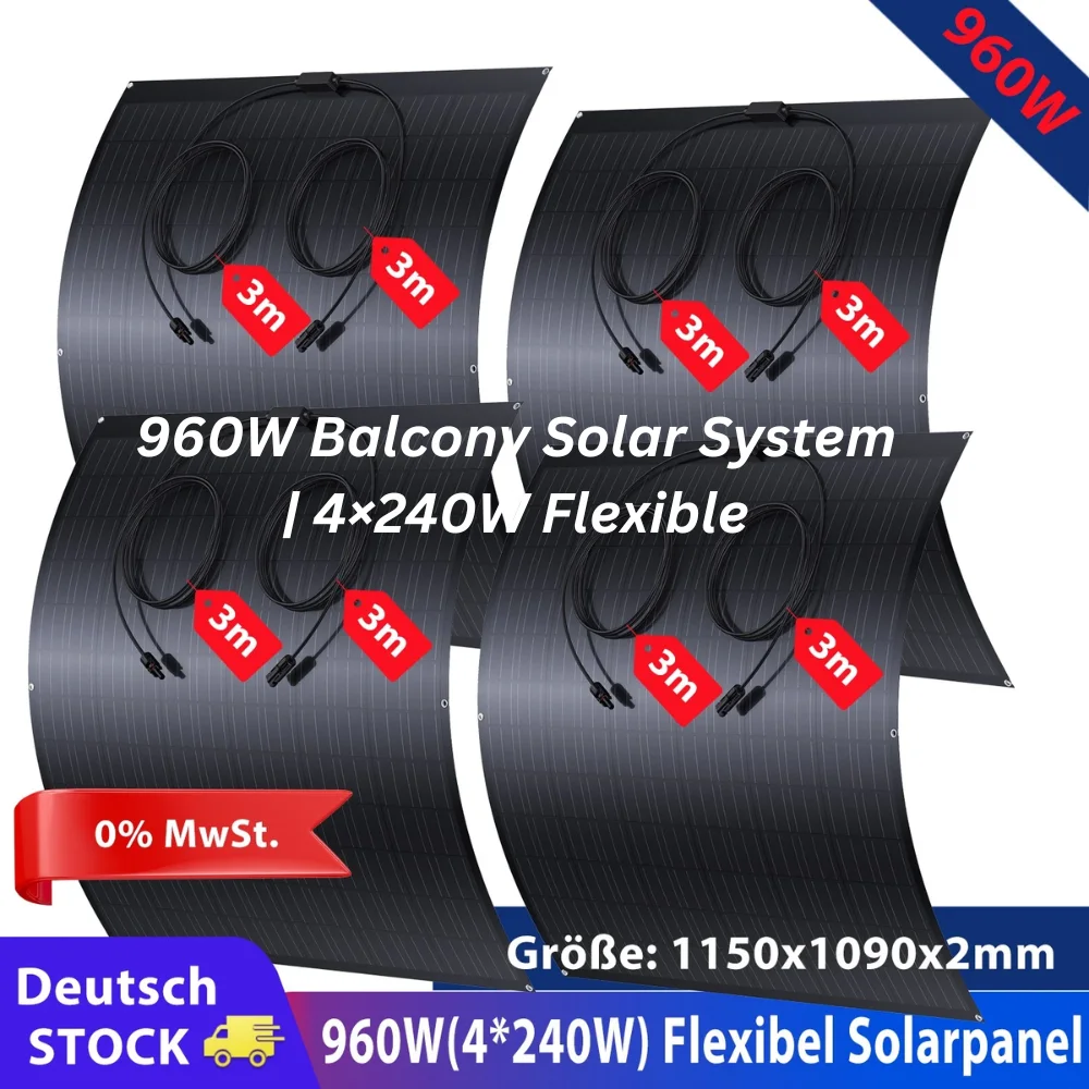 960W Flexibles Solarpanel-Kit für Balkon-Stromversorgungssystem, 4 × 240W Mono-PV-Module, ultradünn, leicht, IP67, für Wohnmobil/Camper Van Image