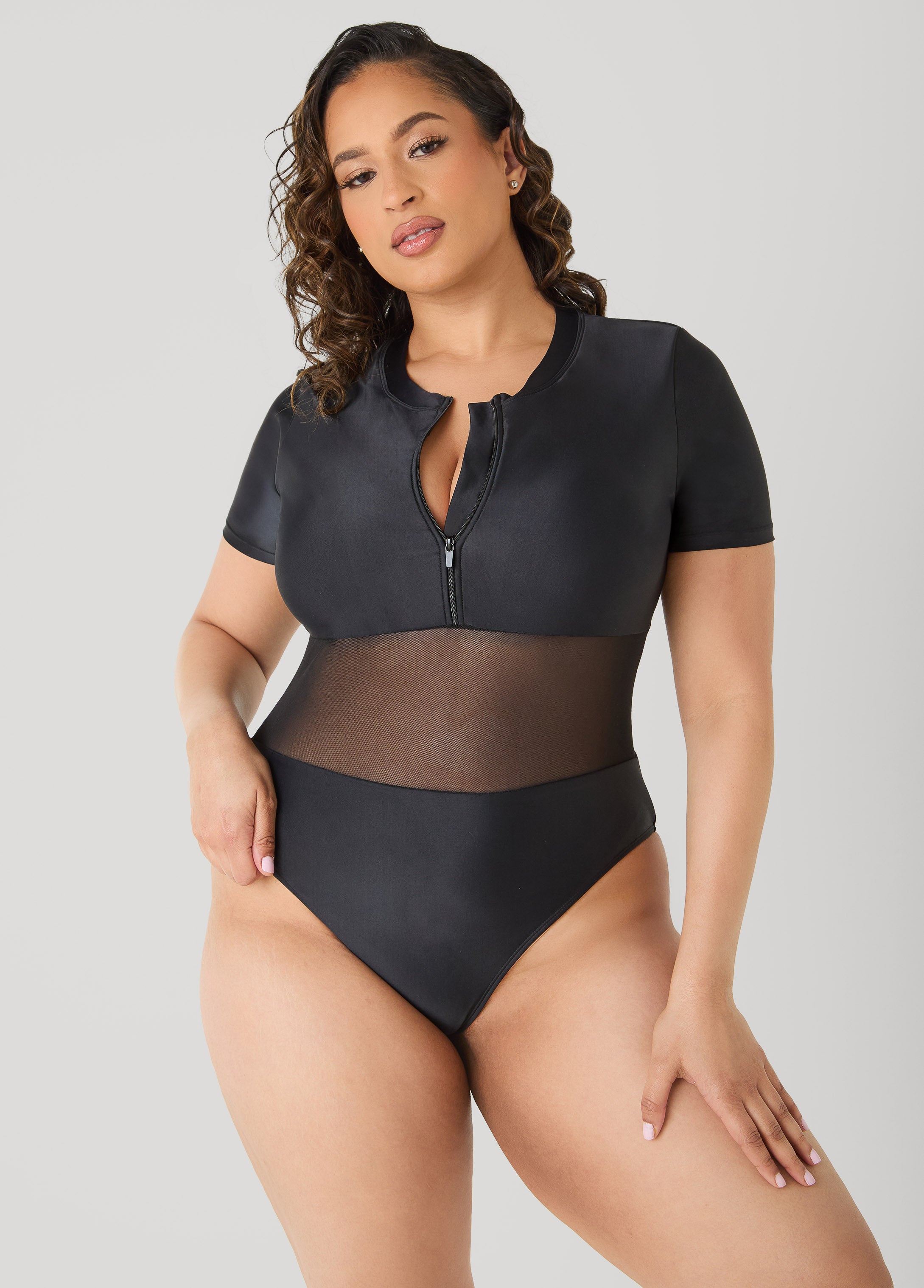 Plus Size Paneled Zip Front Swimsuit