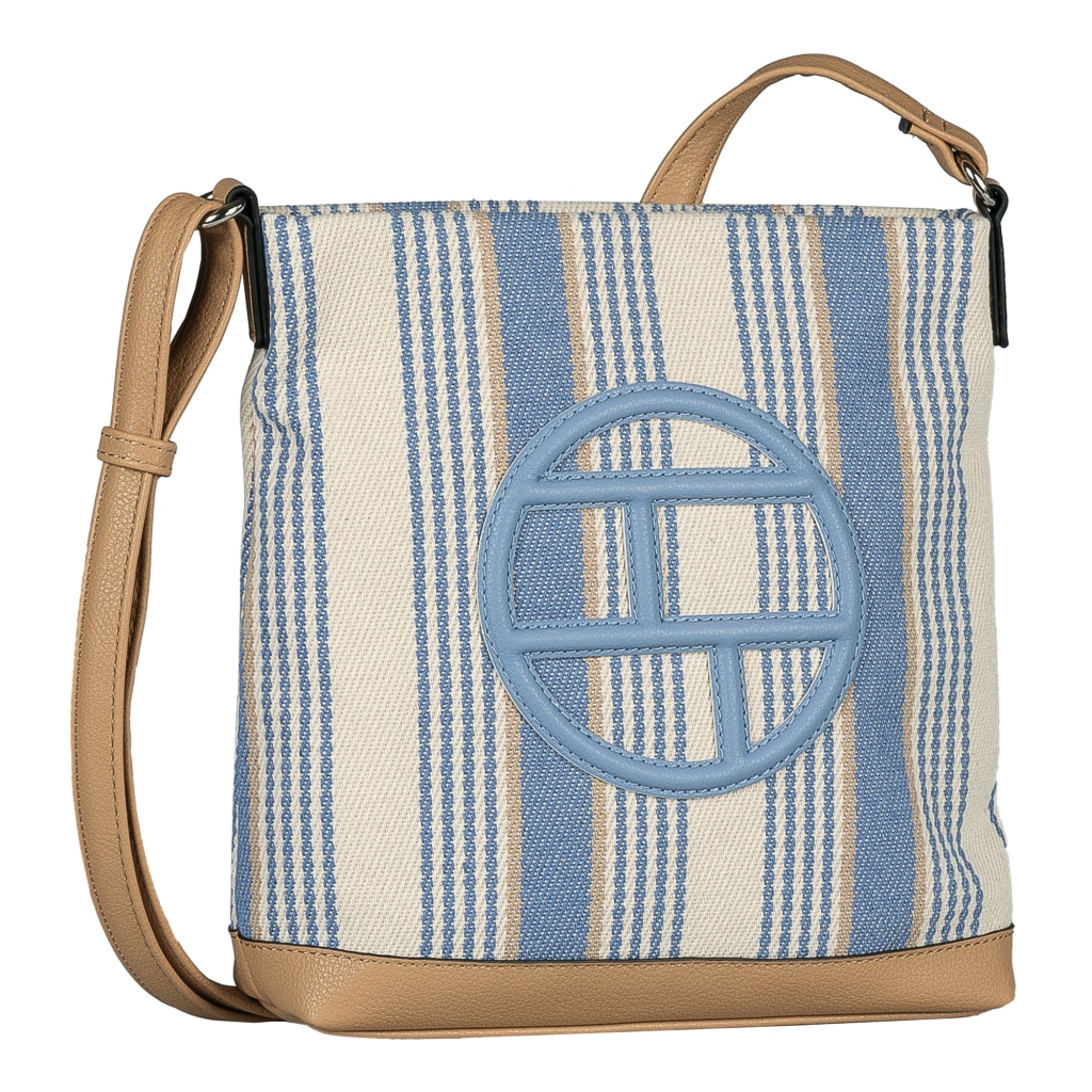 Umhängetasche TOM TAILOR "Gilda", Damen, Gr. B/H/T: 22,5cm x 24,5cm x 7cm, hellblau, gestreift, Lederimitat, Textil, kontrastfarbene Details, Taschen Umhängetasche, Damen Schultertasche in sommerlichem Streifen-Look