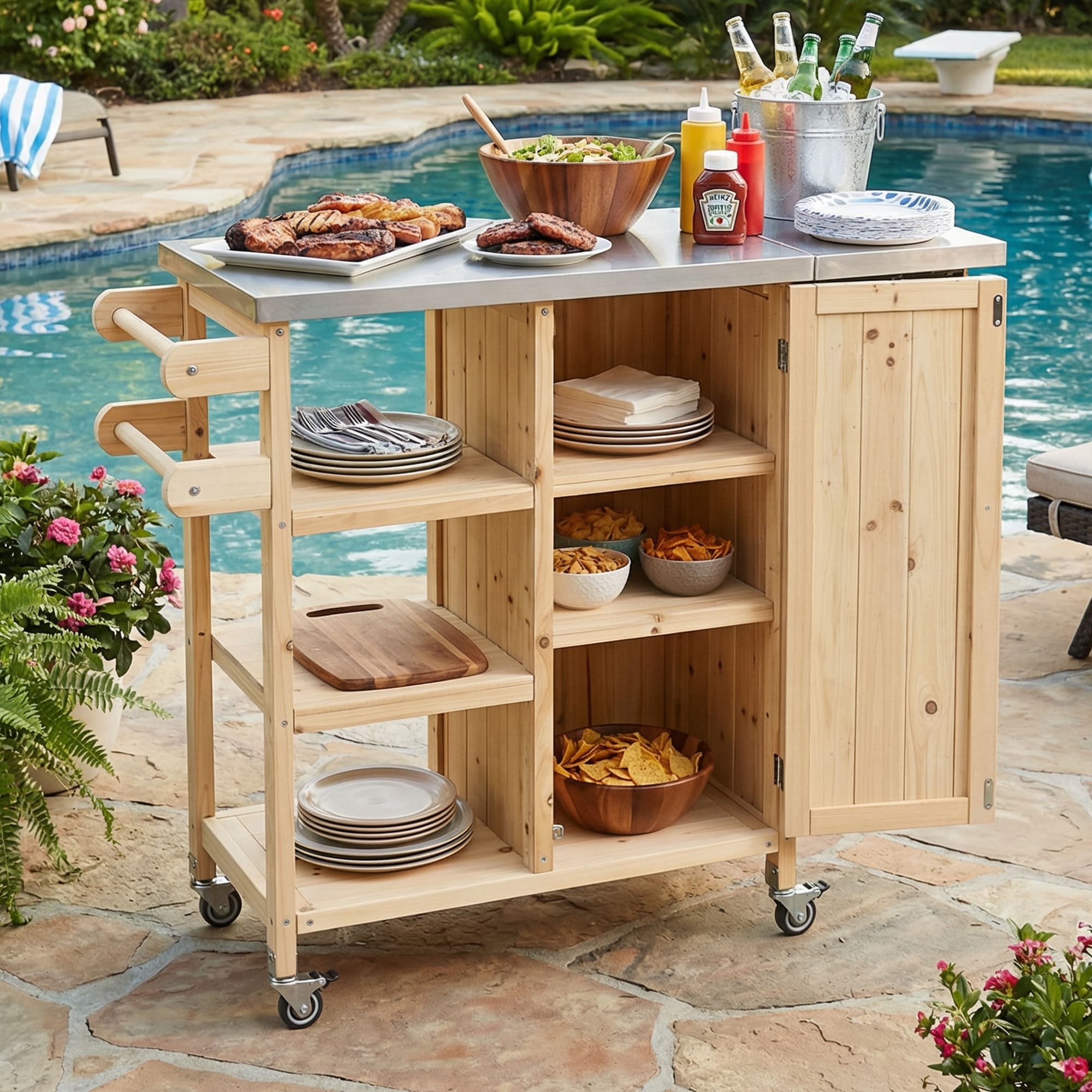 Natural Foldable Outdoor Kitchen Island with Lockable Wheels, Patio Kitchen Island Kitchen Cart with Towel Rack