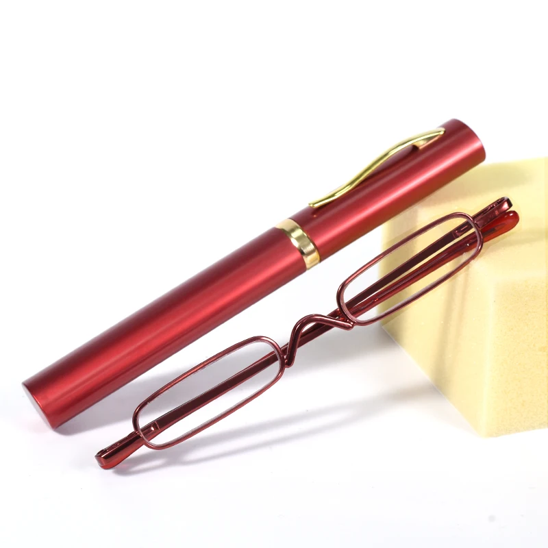 Roter Rahmen, Metallrahmen, Mini-Presbyopie-Brille, für Damen und Herren, Harzlinsen, tragbarer Stifthalter, ultrakleine Lesebrille +1,5 +2 Image