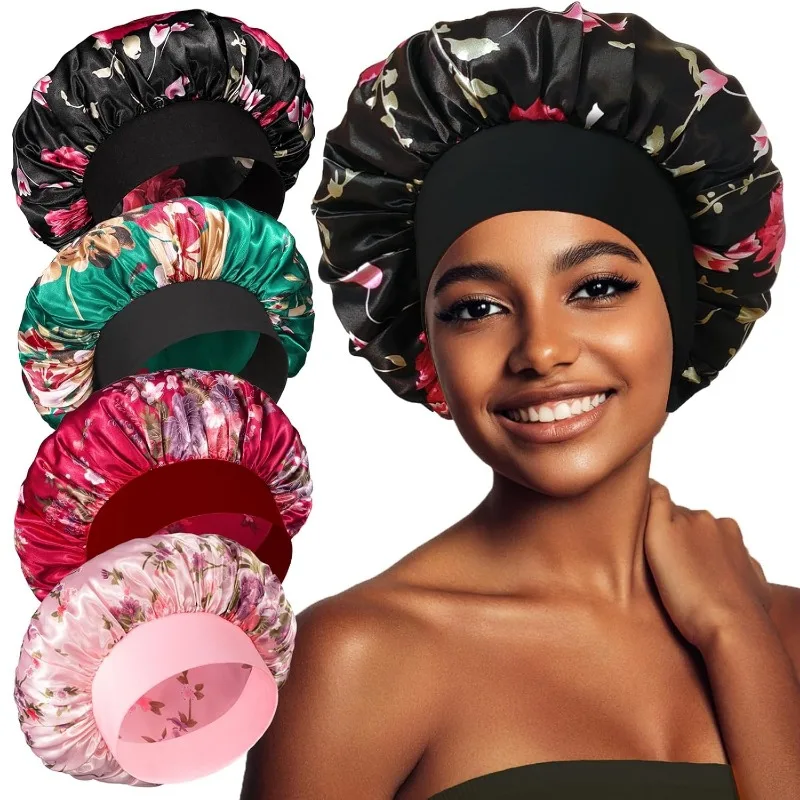 Satin-Schlafhaube, Schlafhauben für Frauen, Haube zum Schlafen, Schlafmütze mit breitem Band für lockiges Haar und Zöpfe Image