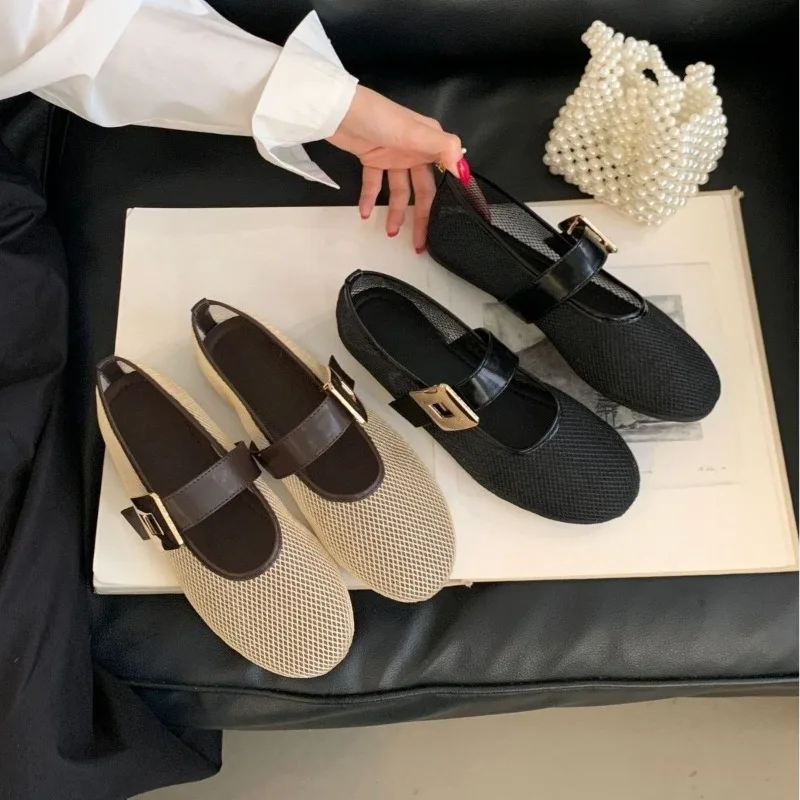 Runde Ballerinas mit einer Schnalle, flacher Ausschnitt, atmungsaktive Mary-Jane-Komfortschuhe Image