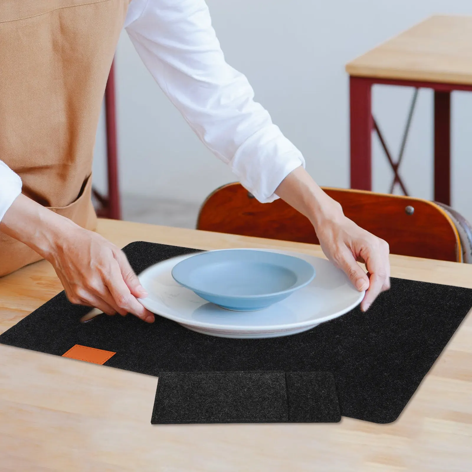 6 Sets Filz-Tischsets Hitzebeständige Saugfähige Platzdeckchen Besteck-Aufbewahrungsbeutel für Esszimmer Küche Büro Filz-Platzdeckchen