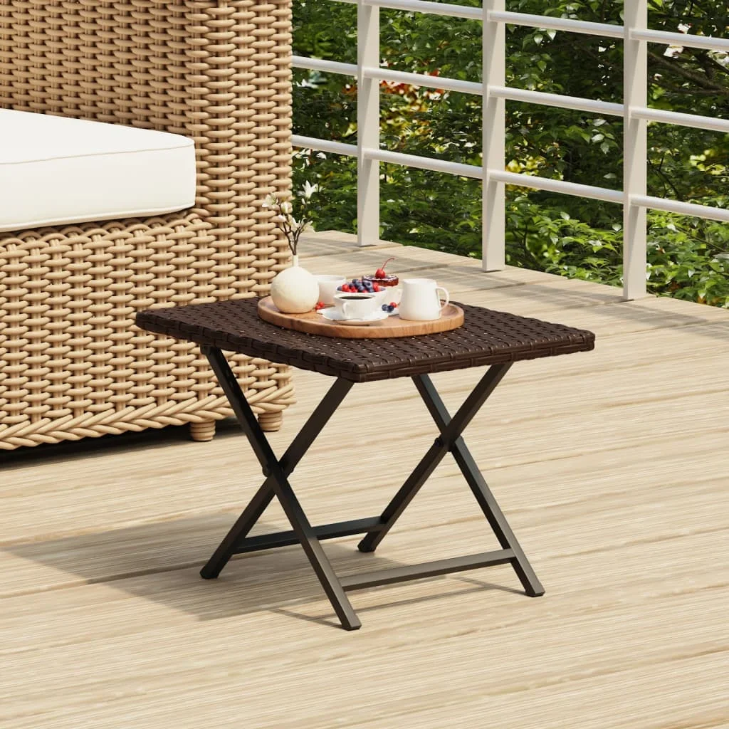 Brauner Klapptisch, 45 x 35 x 32 cm, aus geflochtenem Kunstharz, moderner, wasserfester Gartentisch aus Holz, für Terrasse und Innenhof (nur Tisch)