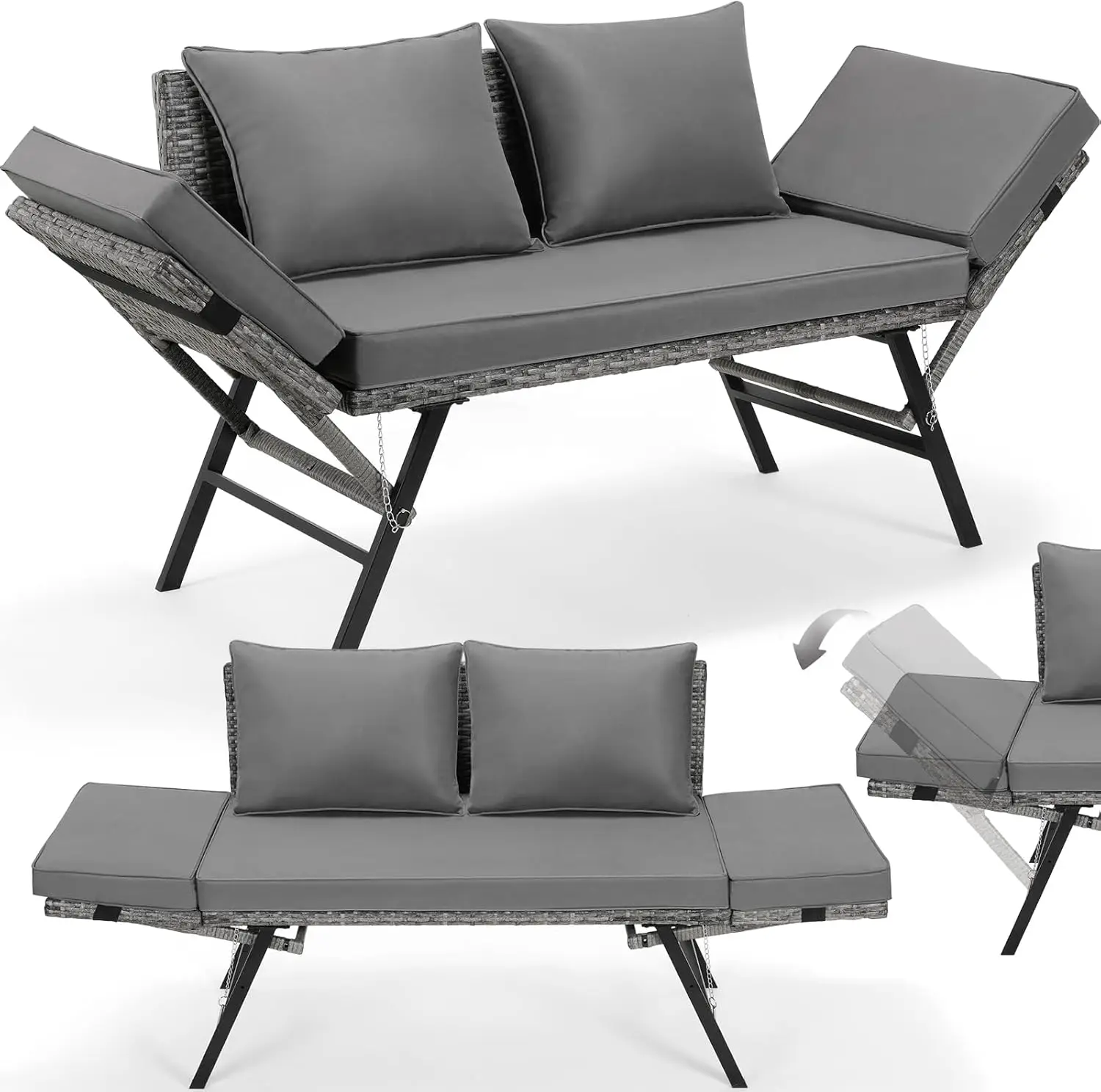 Gartenbank Polyrattan,Rattan Gartensofa,Gartenmöbel,mit Verstellbare Armlehnen,Wetterfest,Belastbar 50 kg,5cm dicken Kissen,für Gärten,Terrasse,Balkon,Poolbereiche,Höfe.