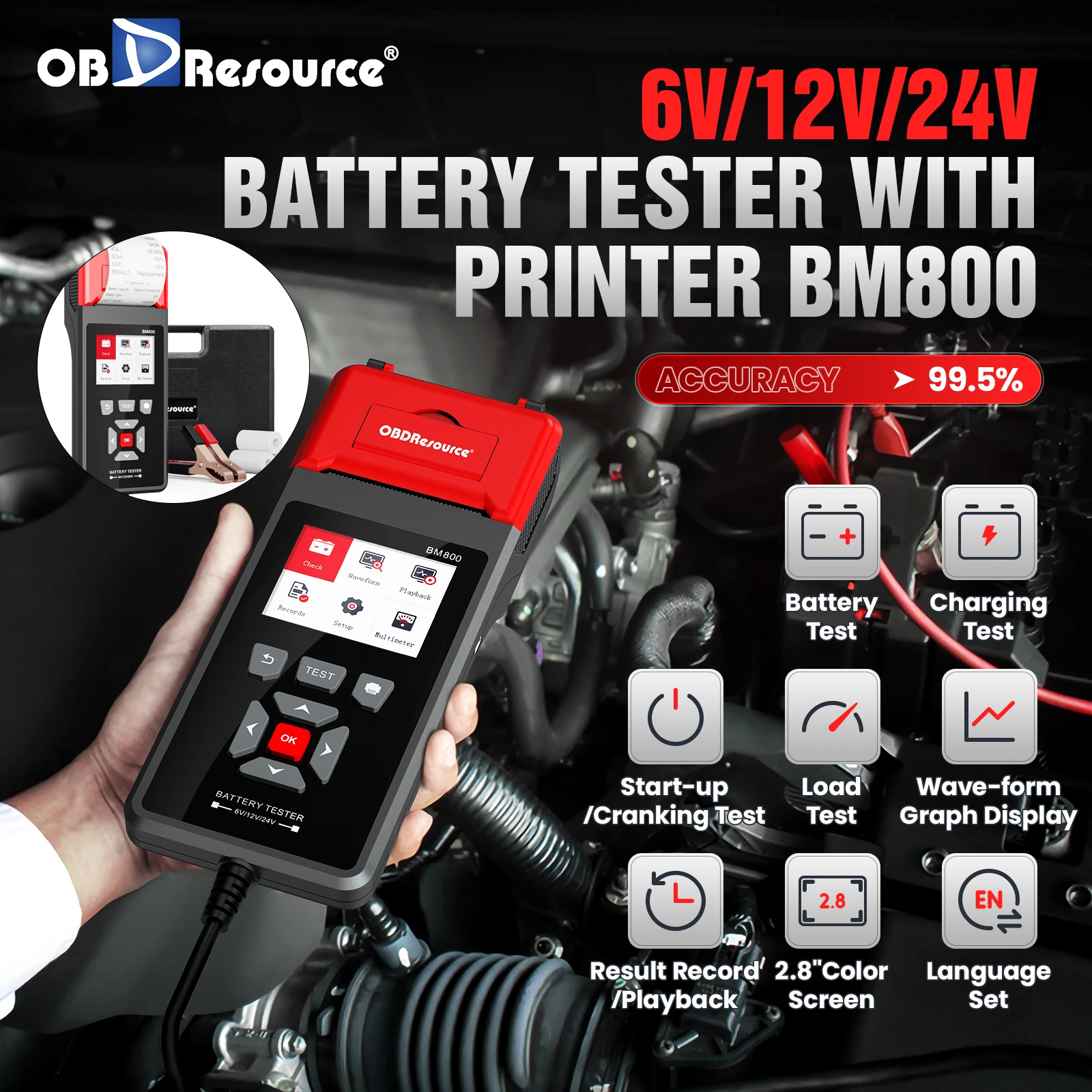 OBDResource BM800 100-2000 CEA Autobatterietester mit Druckfunktion - 6V 12V 24V Auto-Batterieanalysator, Scanner-Diagnosegerät Image