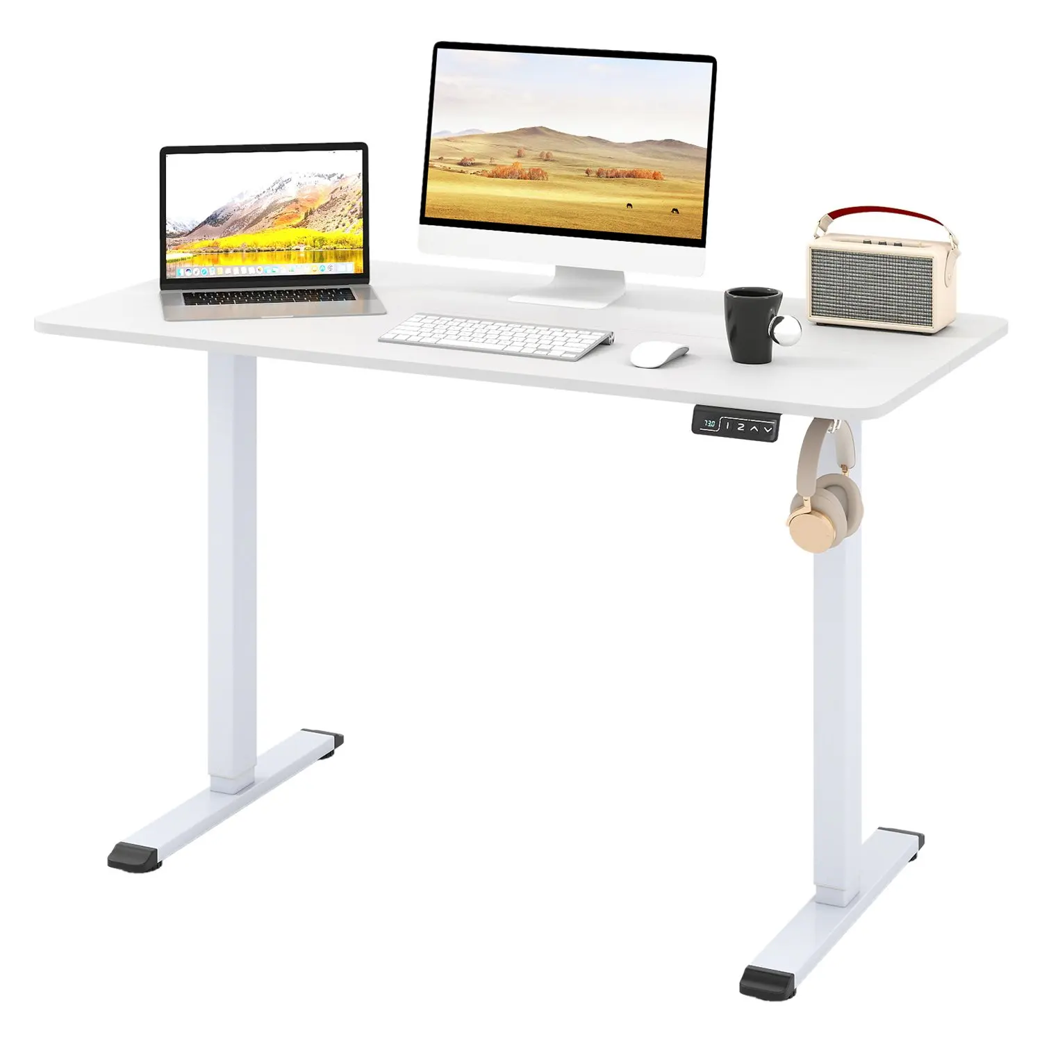 Höhenverstellbarer Schreibtisch, elektrischer Stehschreibtisch, 120 x 60 cm, mit Kopfhörerhalterungen und Kabelmanagement, ergonomischer Computertisch