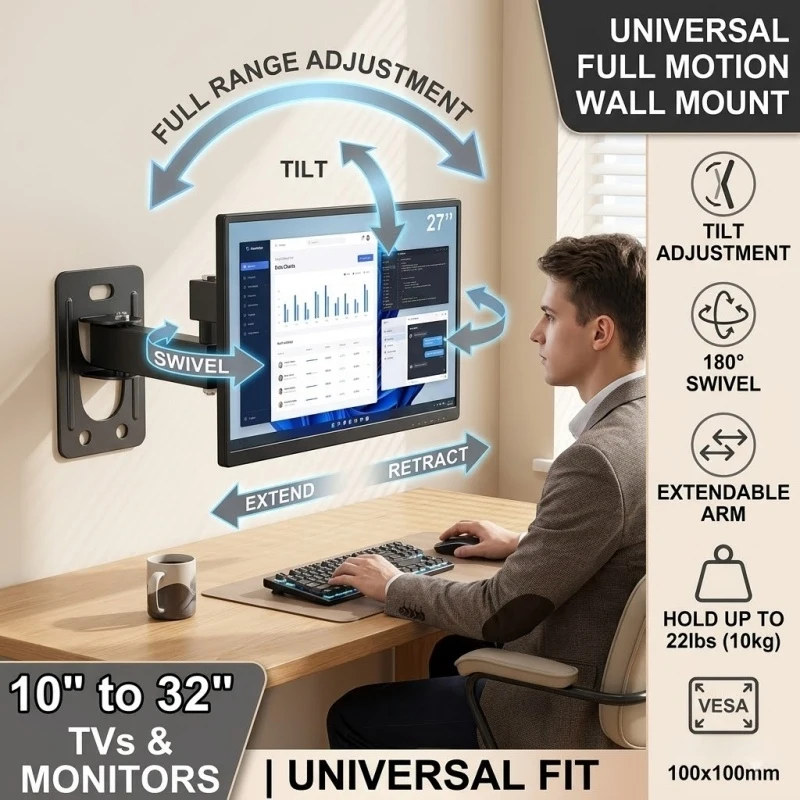 Verstellbare TV-Monitor-Wandhalterung, LCD-LED-Bildschirmhalter, Rahmen für 10–32 Zoll Fernseher, Schwarz Image