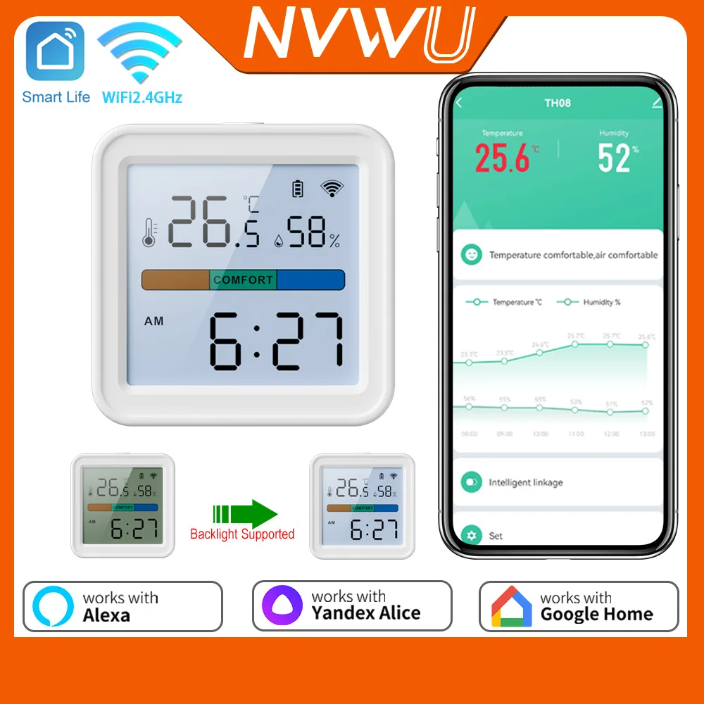 Tuya WiFi Temperatur- und Feuchtigkeitssensor mit Hintergrundbeleuchtung, Hygrometer, Thermometer TH08B, kompatibel mit Tuya Smart Life, Yandex Alice, Alexa Image