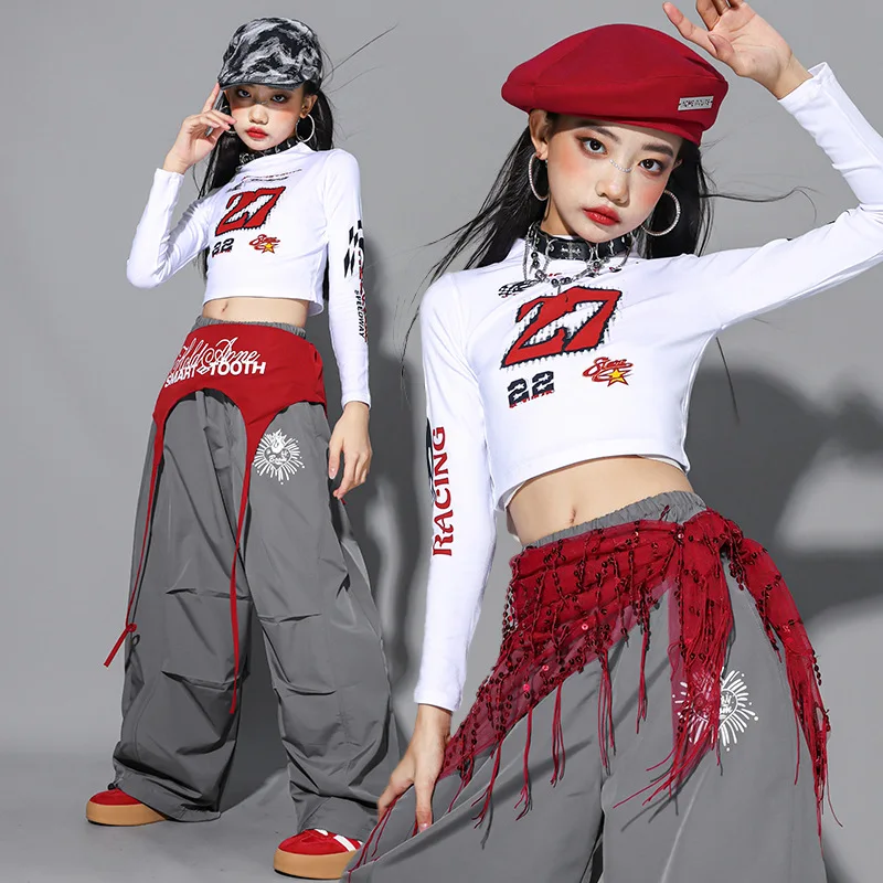 2025 Jazz Dance Kleidung Kinder Kpop Show Performance Wear Weiß Crop Top Grau Hip Hop Hosen Mädchen Street Dance Kostüm