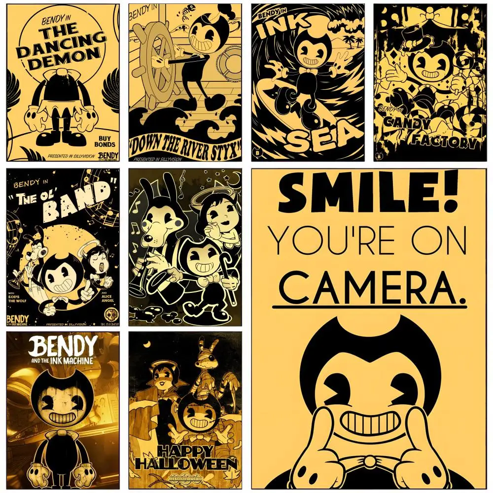 Bendy And The Ink M-Machine Poster, selbstklebender, wasserfester Kunstdruckaufkleber aus Papier, Kaffeehaus-Wanddekoration