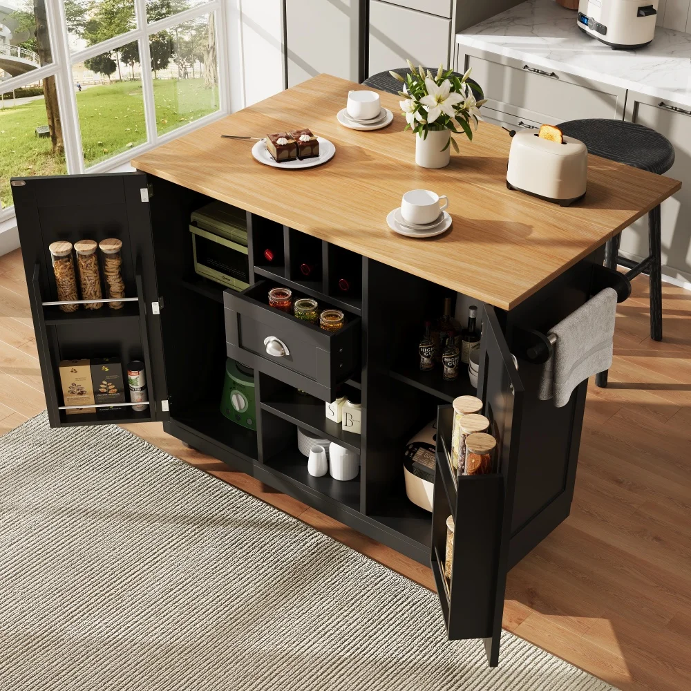 Schwarzer Kücheninsel-Servierwagen mit Arbeitsfläche, Holzgeschnitztem Buffetschrank, Handtuchhalter, Weinregal und Rollen