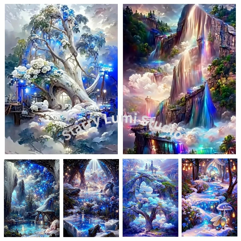 Vollständiges Diamant-Malset Landschafts-Diamantmosaik Wasserfall-Stickerei Baum-Fantasie Wanddekoration Bastelset Image