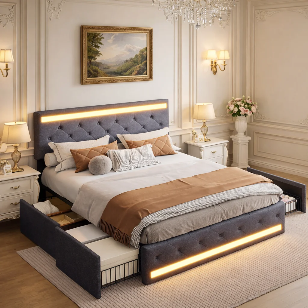 Polsterbett 140x200 cm mit Stauraum, Doppelbett mit 4 Schubladen, Bett mit verstellbarem Kopfteil LED USB, Bettgestell mit Lattenrost, Leinenstoff Dunkelgrau, modernes Stauraumbett für Schlafzimmer Image