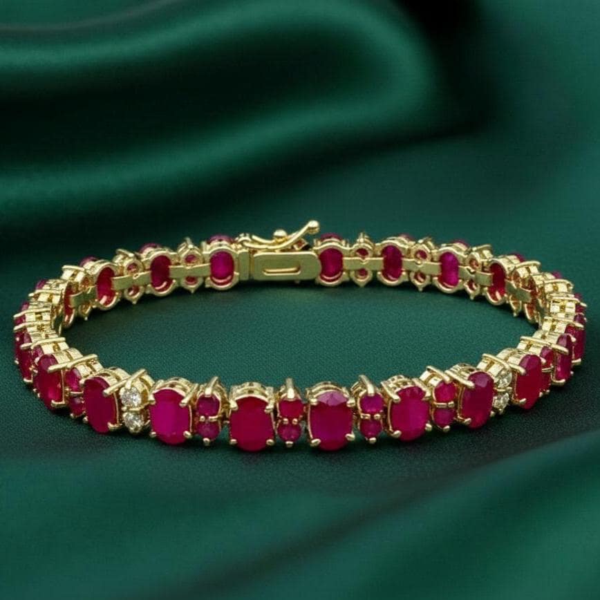 Bracciale da tennis con rubini ovali e diamanti, bracciale da sposa in oro giallo 14 carati e argento