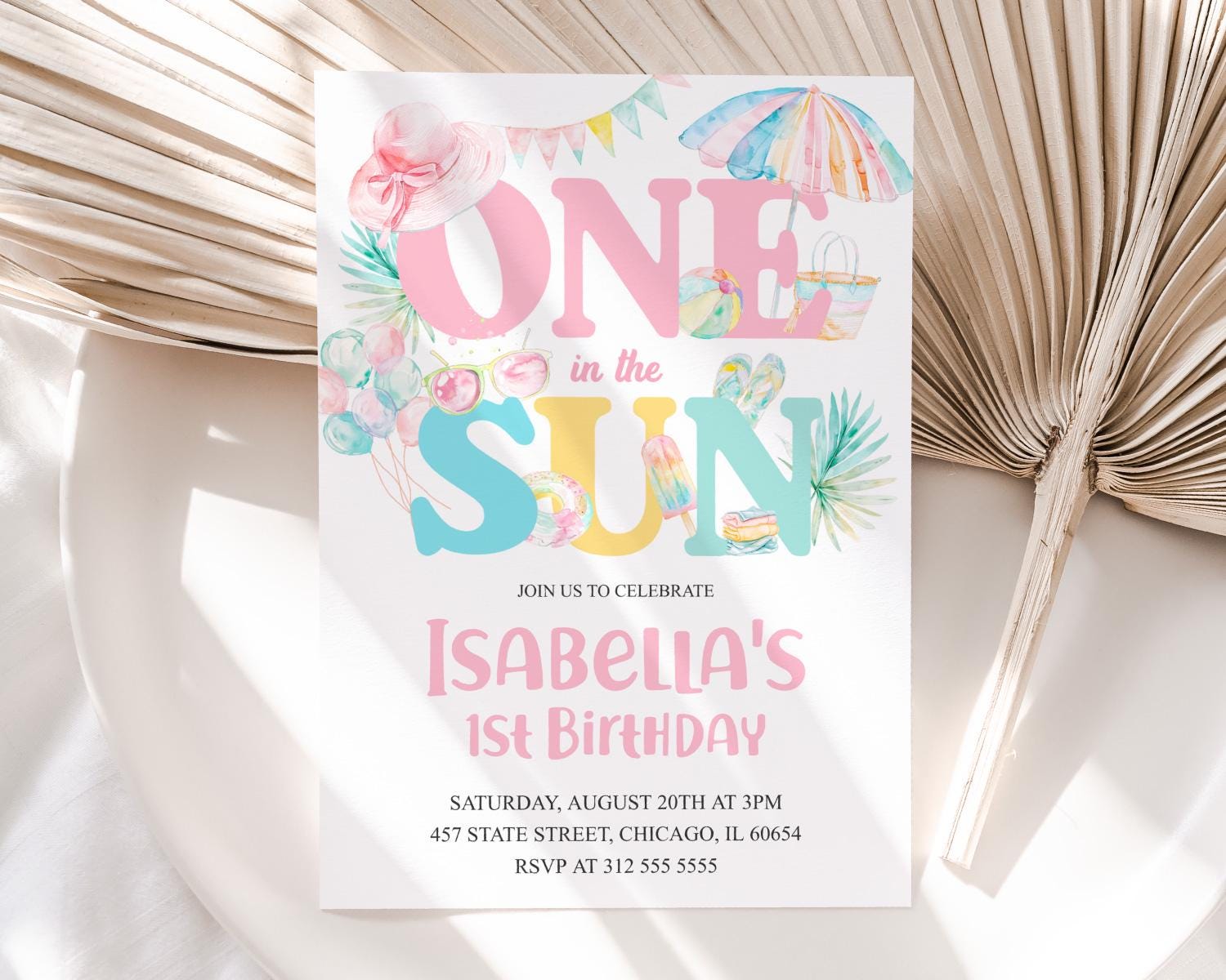 "Invito di compleanno \"One in the Sun\", invito modificabile per festa in piscina per il primo compleanno, invito per il primo compleanno di una bambina"