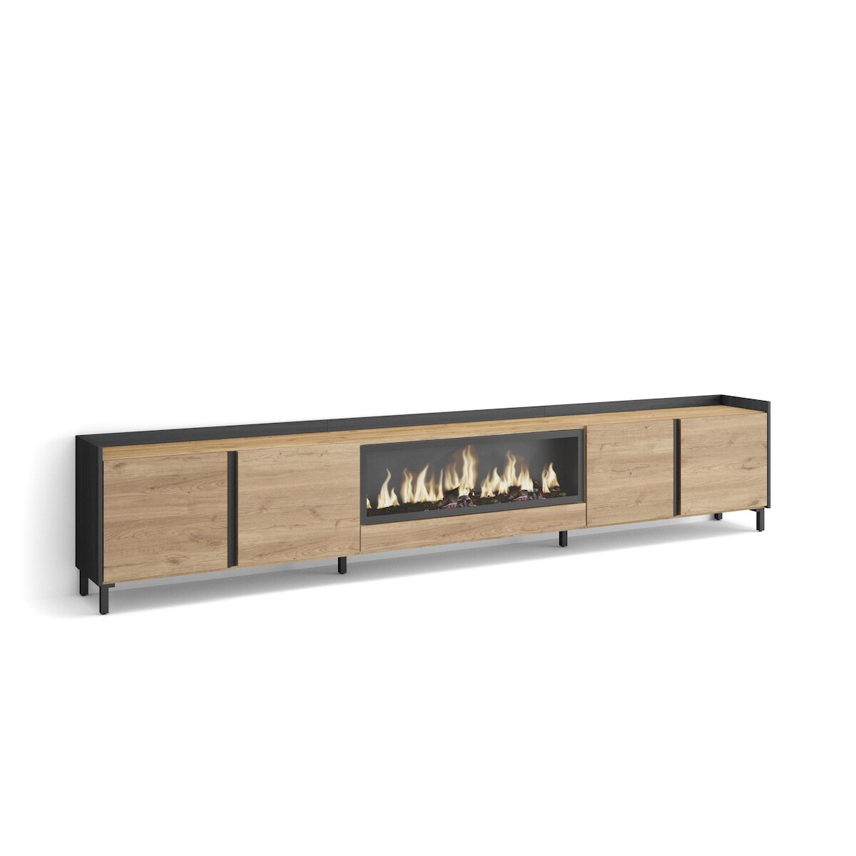 SKRAUT HOME TV-Schrank, Lowboard, 315x61x35 cm, Für TV-Geräte bis zu 80", Elektrokamin XXL, Industriedesign, Eiche Schwarz Image