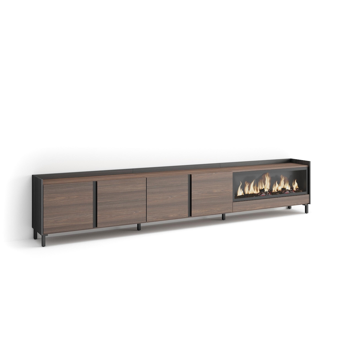 TV-Schrank, Lowboard, 315x61x35 cm, Für TV-Geräte bis zu 80", Elektrokamin XXL, Industriedesign, Dunkler Eiche und Schwarz Image