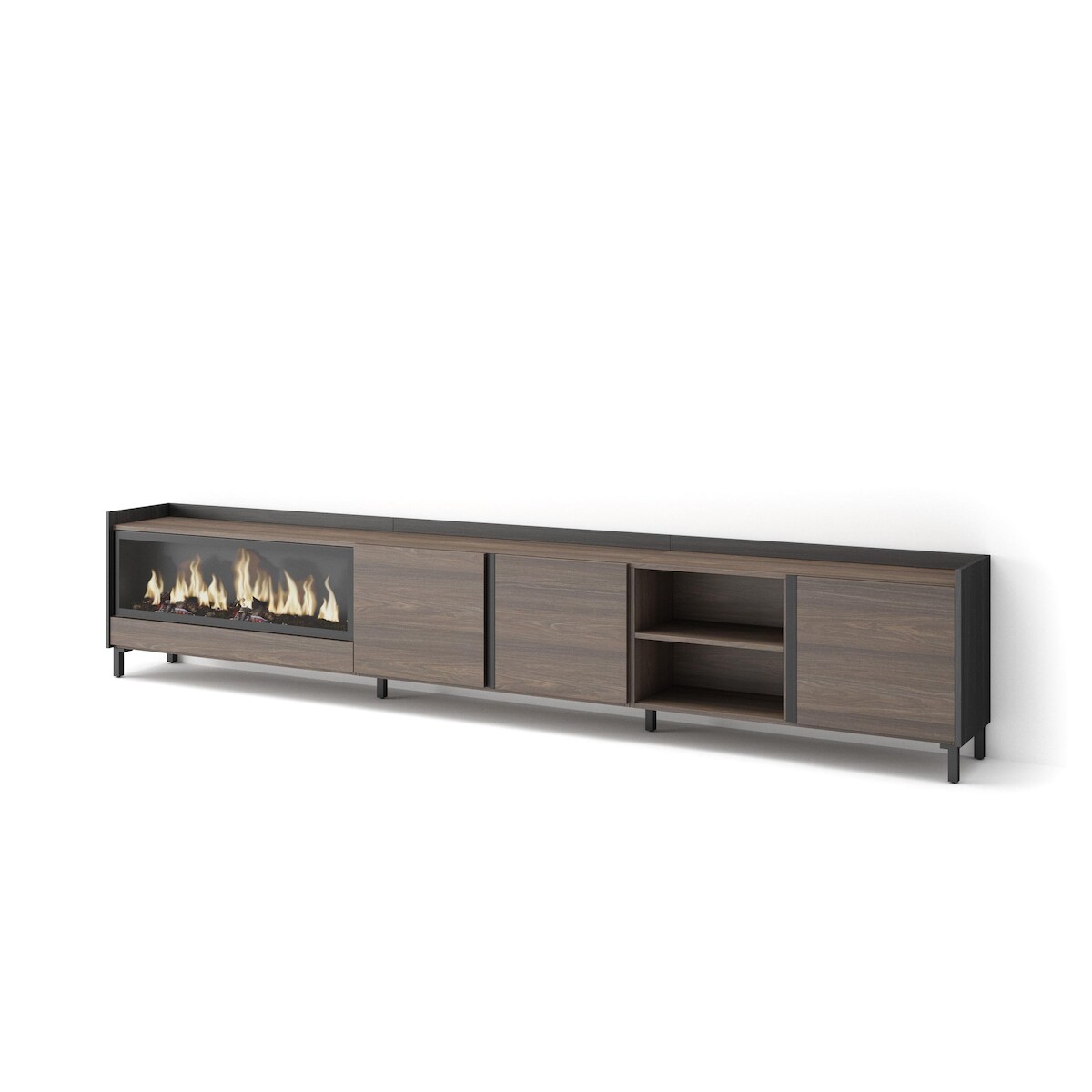 SKRAUT HOME TV-Schrank, Lowboard, 315x61x35 cm, Für TV-Geräte bis zu 80", Elektrokamin XXL, Industriedesign, Dunkler Eiche und Schwarz Image