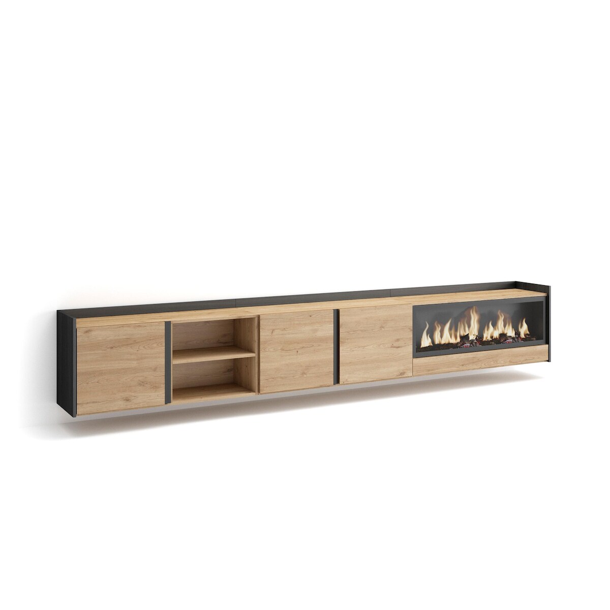 SKRAUT HOME TV-Schrank, Lowboard, 315x50x35 cm, Für TV-Geräte bis zu 80", Elektrokamin XXL, Hängend, Eiche Schwarz Image