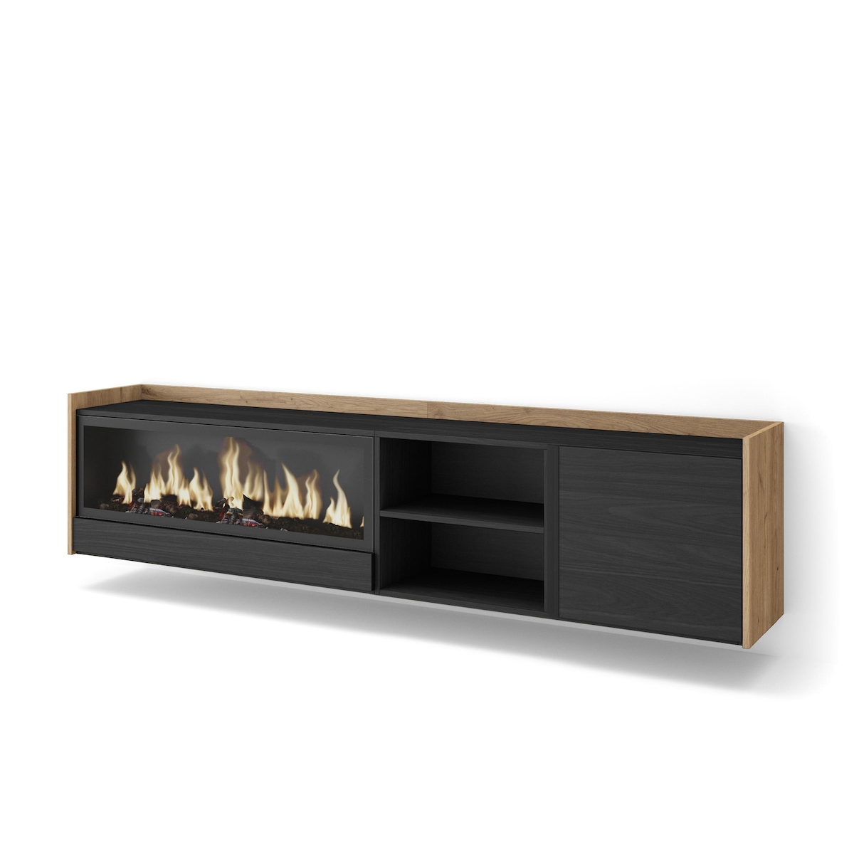 TV-Schrank, Lowboard, 212x50x35 cm, Für TV-Geräte bis zu 80", Elektrokamin XXL, Hängend, Schwarz Eiche Image