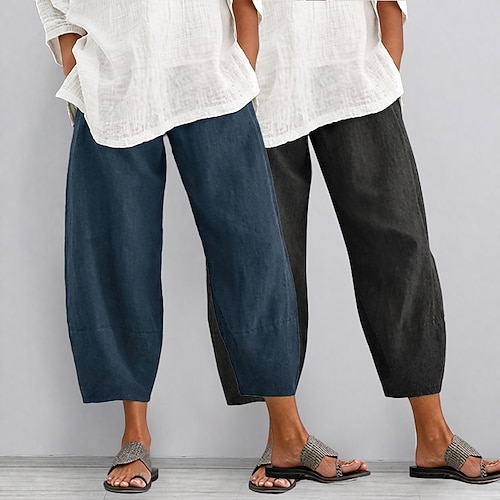 2er-Pack Damen-Caprihosen aus 100 % Baumwolle – ideal für Sommer, Freizeit und Urlaub. Geeignet für den Alltag, mittelhohe Taille, einfarbig, mit Seitentaschen und elastischem Bund. Atmungsaktiv und bequem. Image