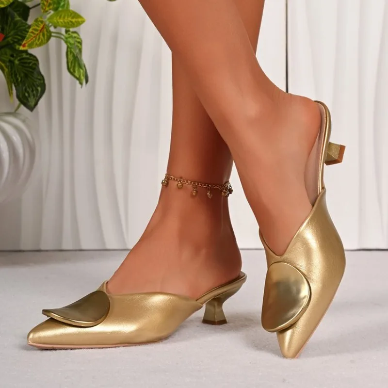 New Women's Mules 2026 Summer Fashion Pointed Toe Mules Metal Designer Slippers Women Slingback Comfortable Office High Heels