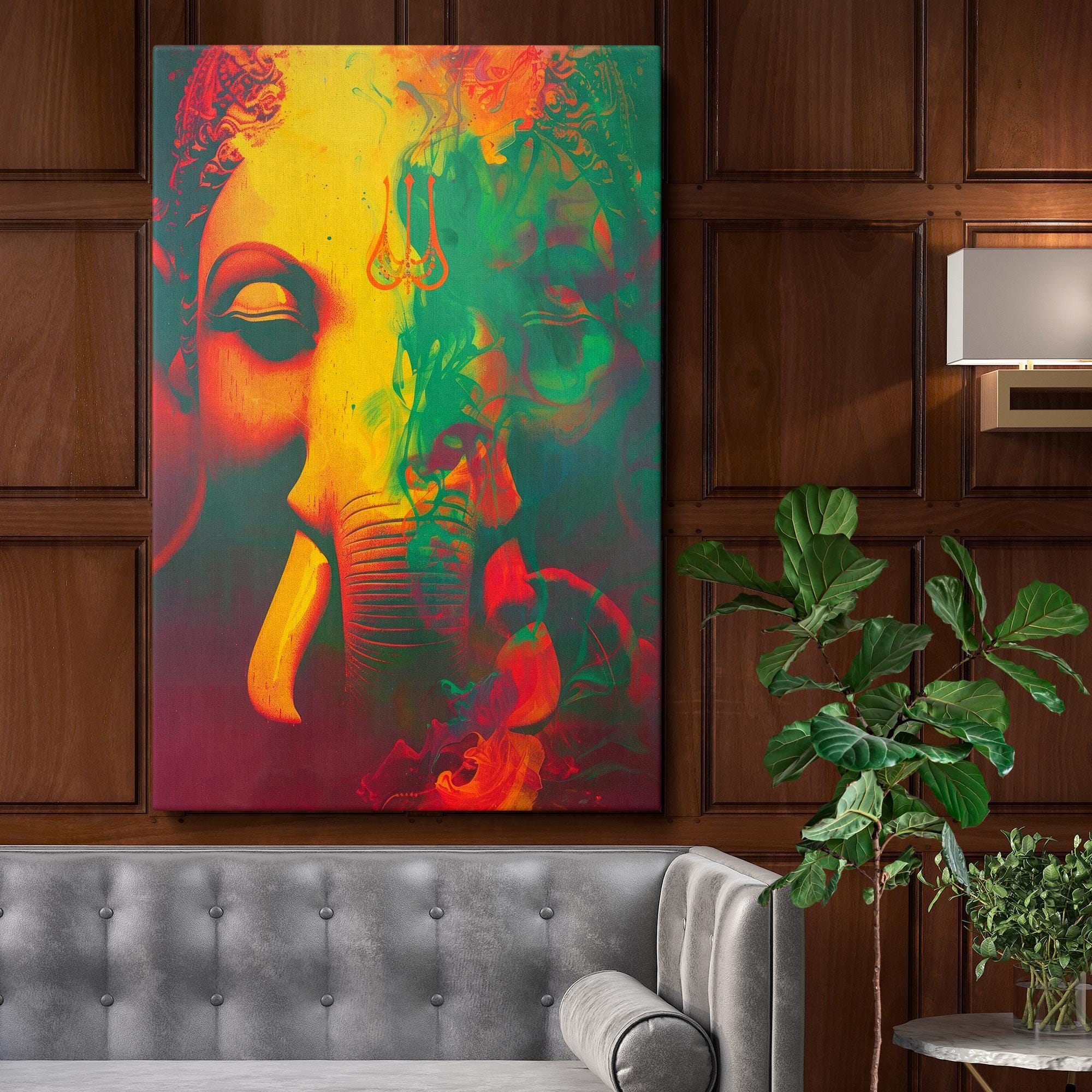 Vibrante Lord Ganesha Canvas Wall Art - Dipinto spirituale indù astratto con colori vivaci per la casa, il tempio o la sala di meditazione