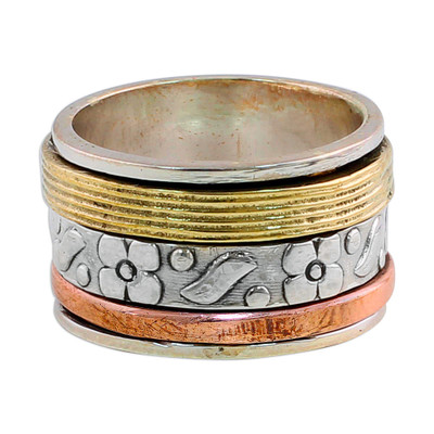 Floral Sheen,'Sterling Silver Copper and Brass Indian Floral Spinner Ring'