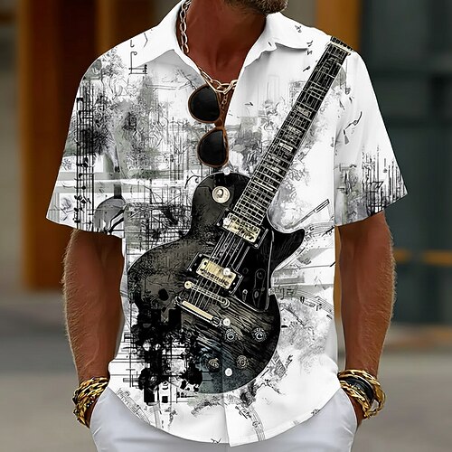 Homme Guitare Instrument de musique Notes de Musique Chemise Chemise Boutonnée Manche Courte Vintage Rétro Quotidien Festival de Musique Été Printemps Col Rabattu Impression 3D chemises à col Bleu
