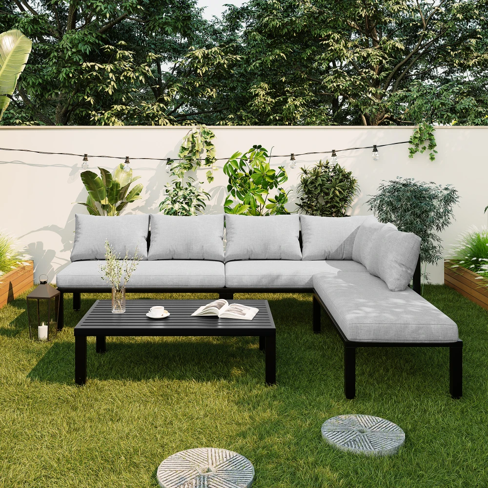 Ensemble de salle à manger de jardin, ensemble de meubles de jardin, avec structure en fer galvanisé, 6 places, pieds réglables, dossier amovible